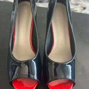 Women's Black Patent Peep-Toe Heels with Red Accents
